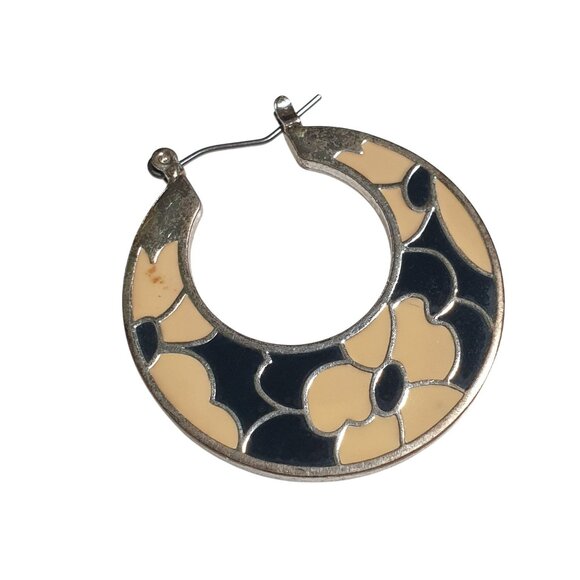 Floral Enamel Hoop Earrings Tan Black Silver Tone Vintage Retro Jewelry - Picture 3 of 5